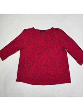 J Jill Womens Small Top Leaf Print Red 3/4 Sleeve Shirt WearEver Stretchy